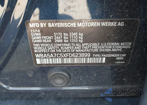 2015 BMW 528I xDrive z USA, uszkodzony, nr VIN WBA5A7C5XFD623899